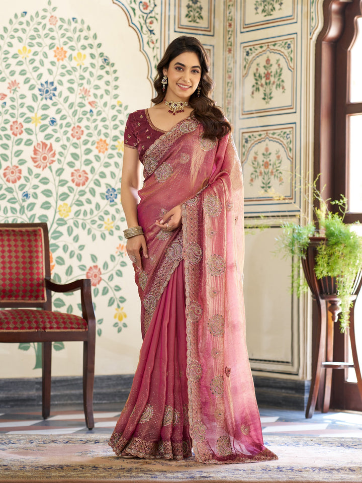 Dual Tone Wine Pink Fendy Satin Embroidered Saree with Paisley Motifs & Rich Zari Border | Designer Festive Saree with Tassels & Heavy Embroidered Blouse