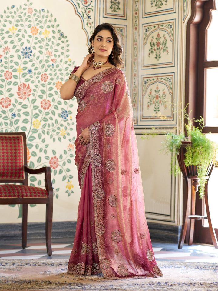 Dual Tone Wine Pink Fendy Satin Embroidered Saree with Paisley Motifs & Rich Zari Border | Designer Festive Saree with Tassels & Heavy Embroidered Blouse
