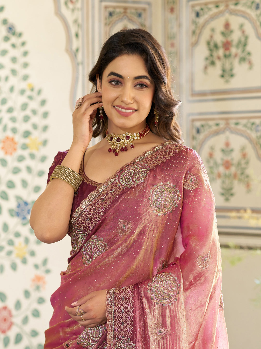 Dual Tone Wine Pink Fendy Satin Embroidered Saree with Paisley Motifs & Rich Zari Border | Designer Festive Saree with Tassels & Heavy Embroidered Blouse