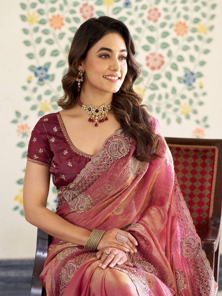 Dual Tone Wine Pink Fendy Satin Embroidered Saree with Paisley Motifs & Rich Zari Border | Designer Festive Saree with Tassels & Heavy Embroidered Blouse