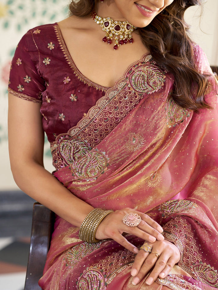 Dual Tone Wine Pink Fendy Satin Embroidered Saree with Paisley Motifs & Rich Zari Border | Designer Festive Saree with Tassels & Heavy Embroidered Blouse