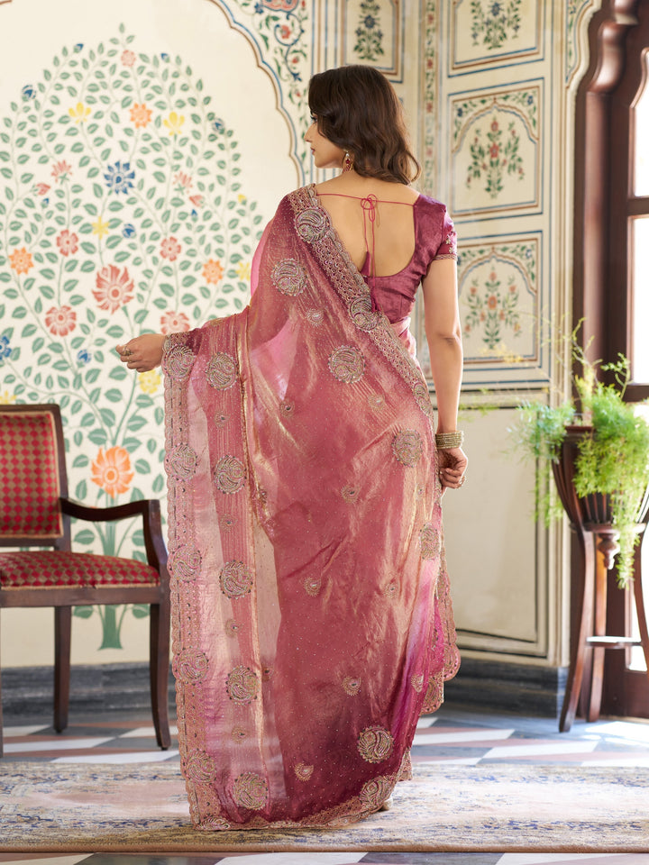 Dual Tone Wine Pink Fendy Satin Embroidered Saree with Paisley Motifs & Rich Zari Border | Designer Festive Saree with Tassels & Heavy Embroidered Blouse