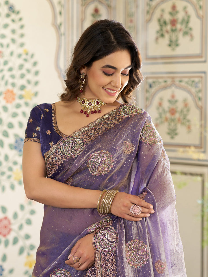 Royal Lavender Purple Fendy Satin Embroidered Saree with Paisley Motifs & Zari Border | Designer Festive Saree with Tassels & Heavy Embroidered Blouse