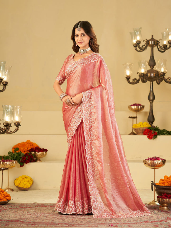Blush Pink Fendy Satin Saree with White Floral Embroidery Border | Elegant Designer Party Wear Saree with Blouse