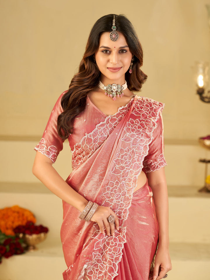 Blush Pink Fendy Satin Saree with White Floral Embroidery Border | Elegant Designer Party Wear Saree with Blouse