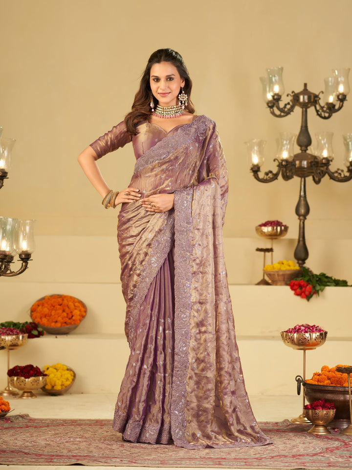 Lavender Designer Fendy Satin Saree with Heavy Embroidered Border | Premium Party Wear Embroidered Saree with Blouse