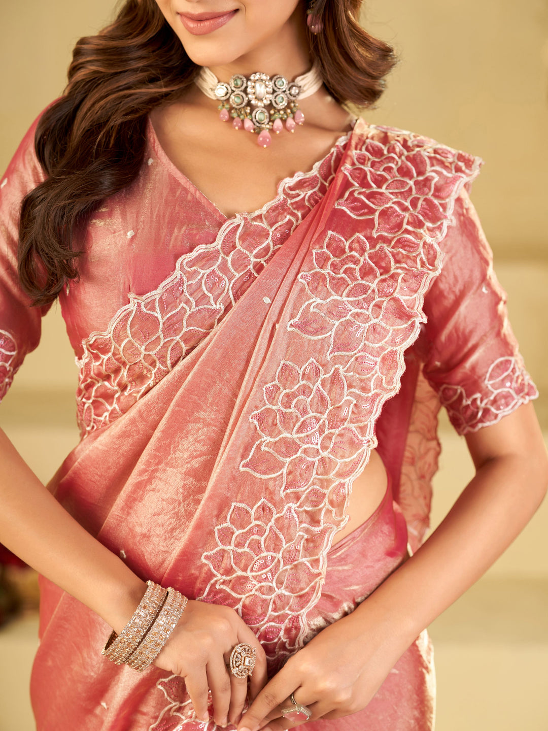 Blush Pink Fendy Satin Saree with White Floral Embroidery Border | Elegant Designer Party Wear Saree with Blouse