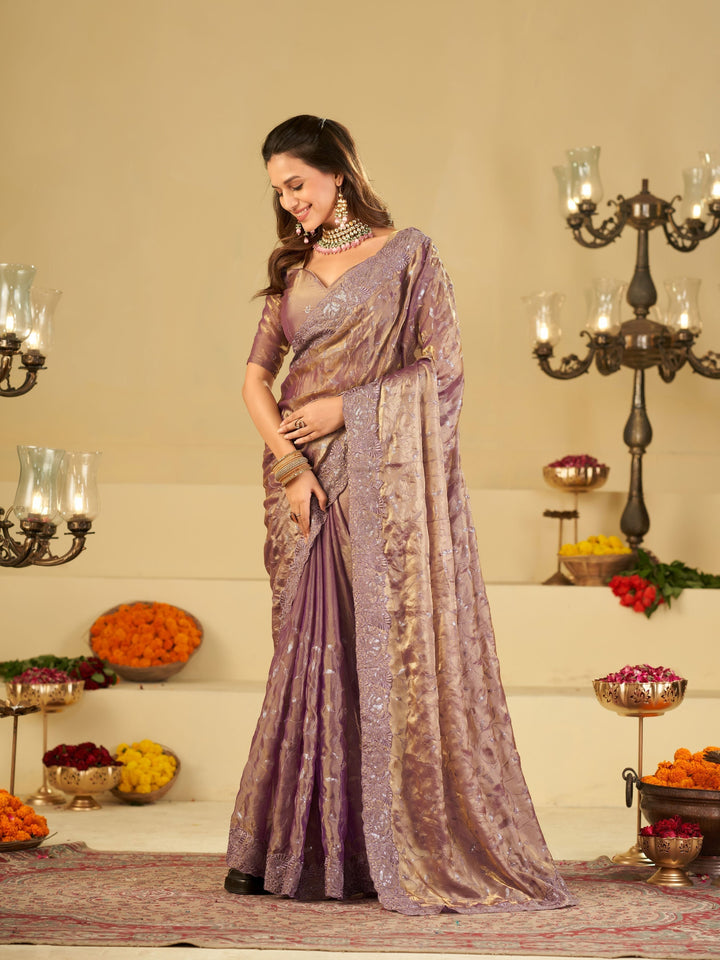 Lavender Designer Fendy Satin Saree with Heavy Embroidered Border | Premium Party Wear Embroidered Saree with Blouse