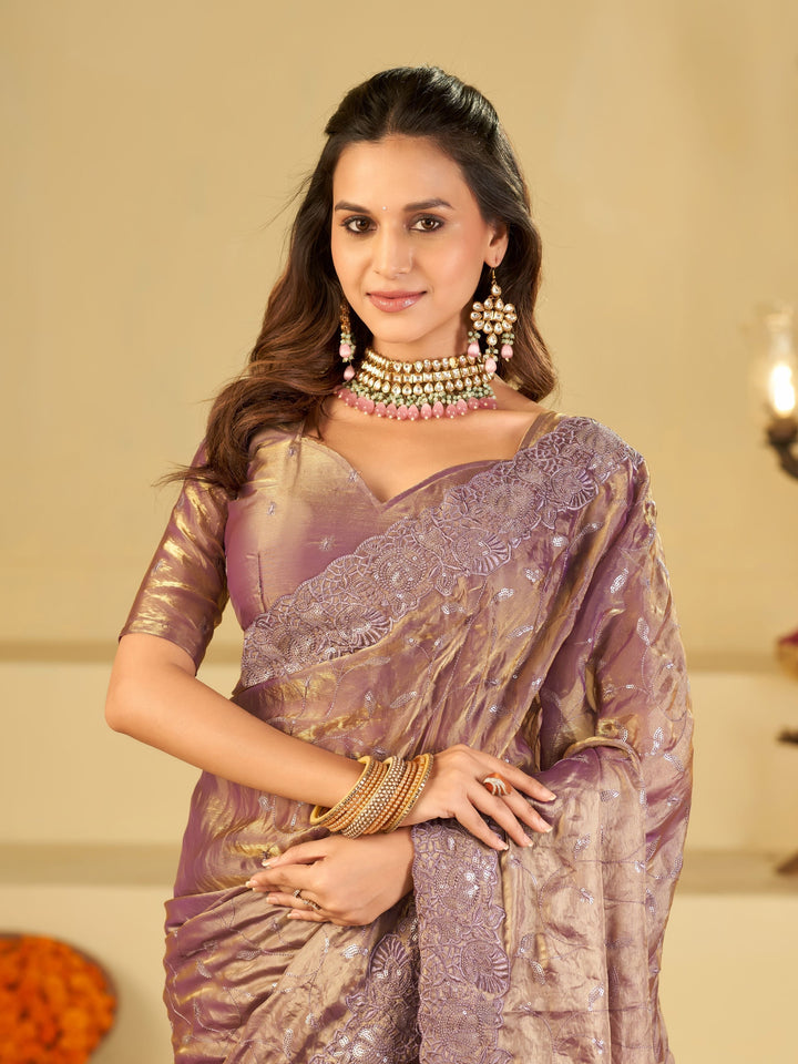 Lavender Designer Fendy Satin Saree with Heavy Embroidered Border | Premium Party Wear Embroidered Saree with Blouse