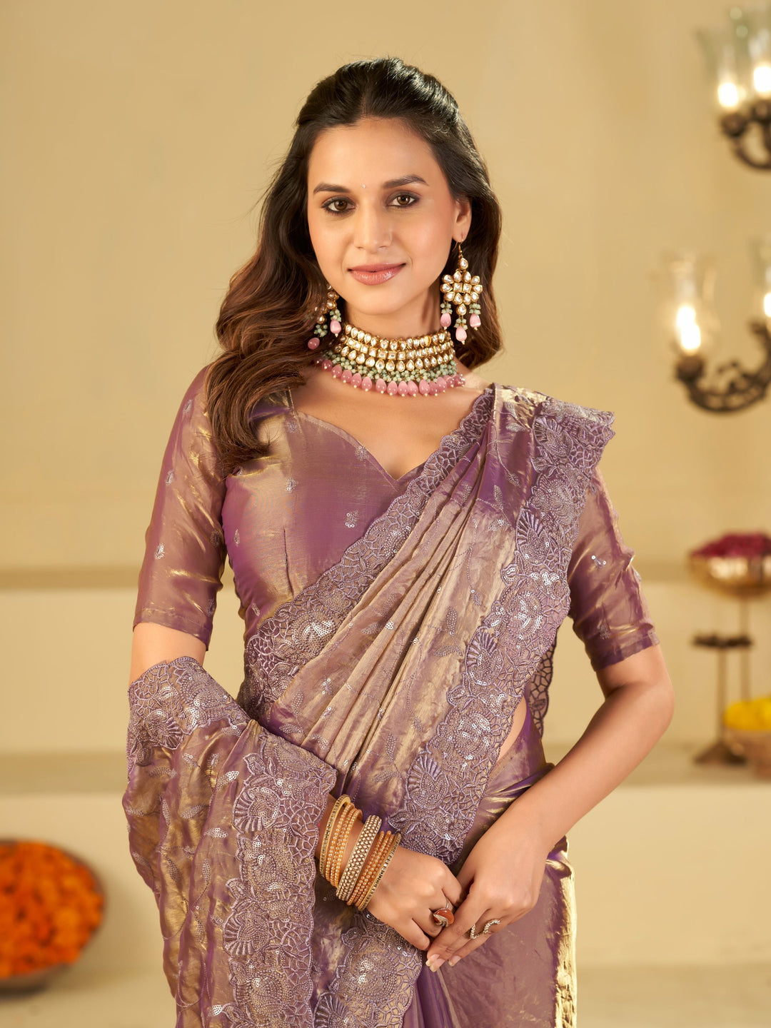 Lavender Designer Fendy Satin Saree with Heavy Embroidered Border | Premium Party Wear Embroidered Saree with Blouse