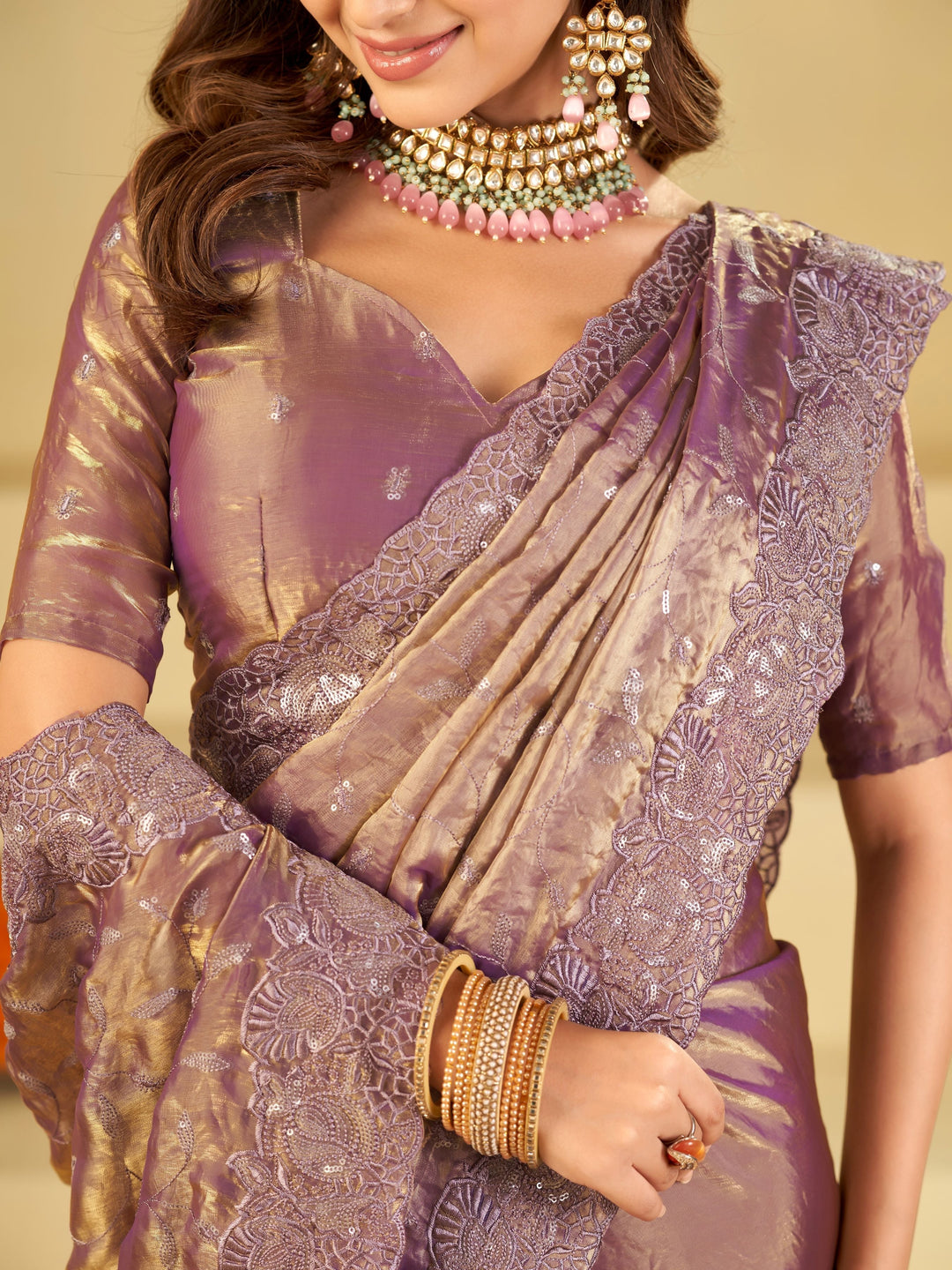 Lavender Designer Fendy Satin Saree with Heavy Embroidered Border | Premium Party Wear Embroidered Saree with Blouse
