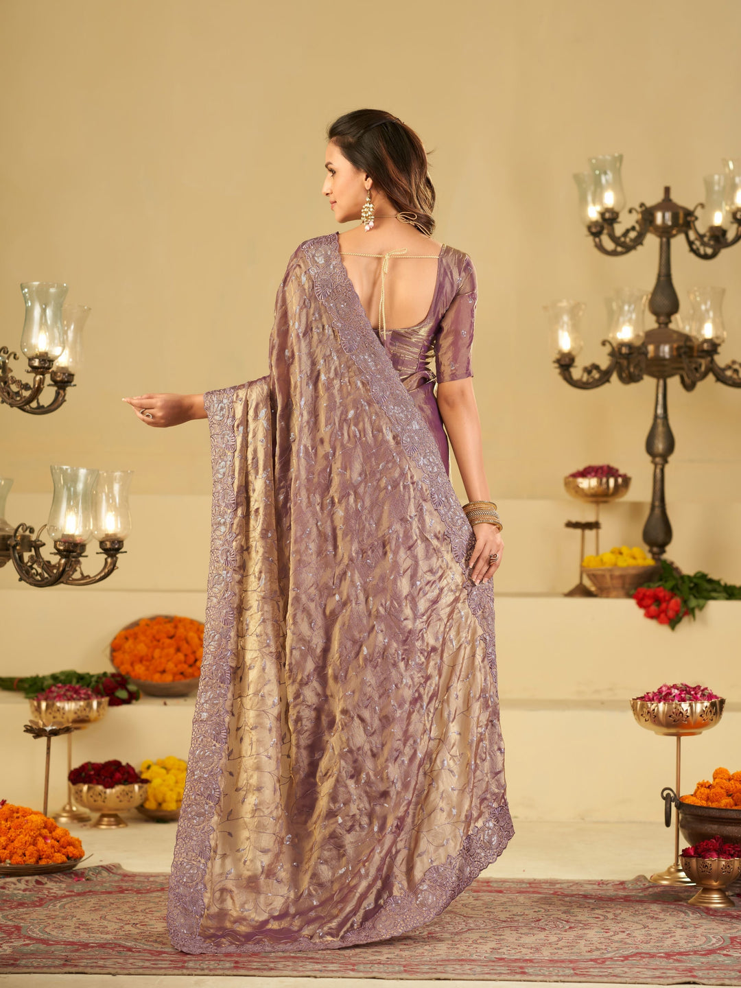 Lavender Designer Fendy Satin Saree with Heavy Embroidered Border | Premium Party Wear Embroidered Saree with Blouse