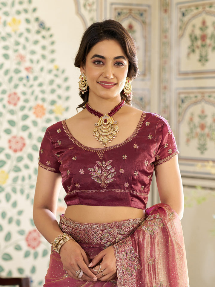 Dual Tone Rose Pink & Wine Fendy Satin Embroidered Saree with Floral Motifs & Zari Border | Designer Festive Saree with Tassels & Heavy Embroidered Blouse