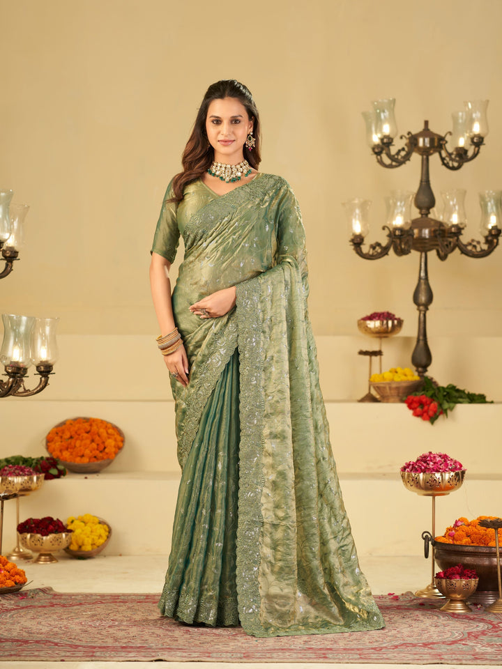Sea Green Fendy Satin Saree with Heavy Embroidered Border | Designer Party Wear Embroidered Saree with Blouse