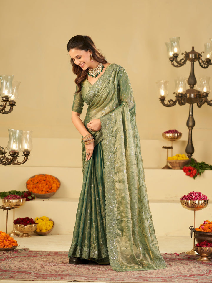 Sea Green Fendy Satin Saree with Heavy Embroidered Border | Designer Party Wear Embroidered Saree with Blouse