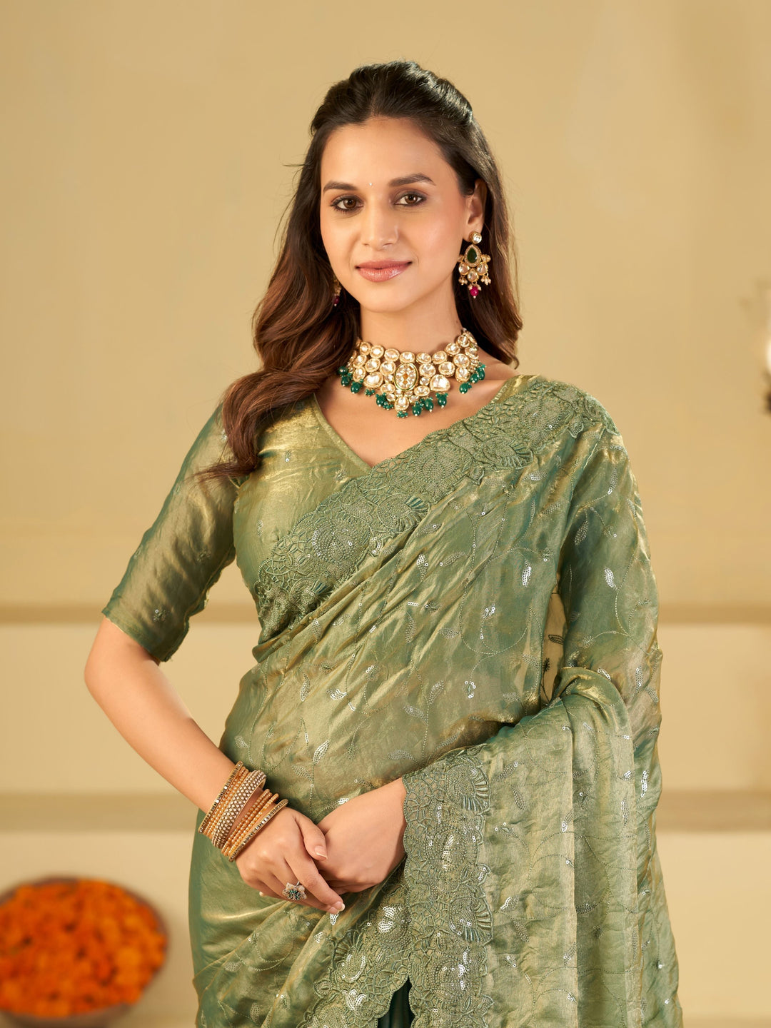 Sea Green Fendy Satin Saree with Heavy Embroidered Border | Designer Party Wear Embroidered Saree with Blouse