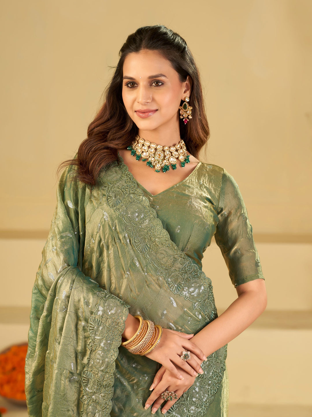 Sea Green Fendy Satin Saree with Heavy Embroidered Border | Designer Party Wear Embroidered Saree with Blouse