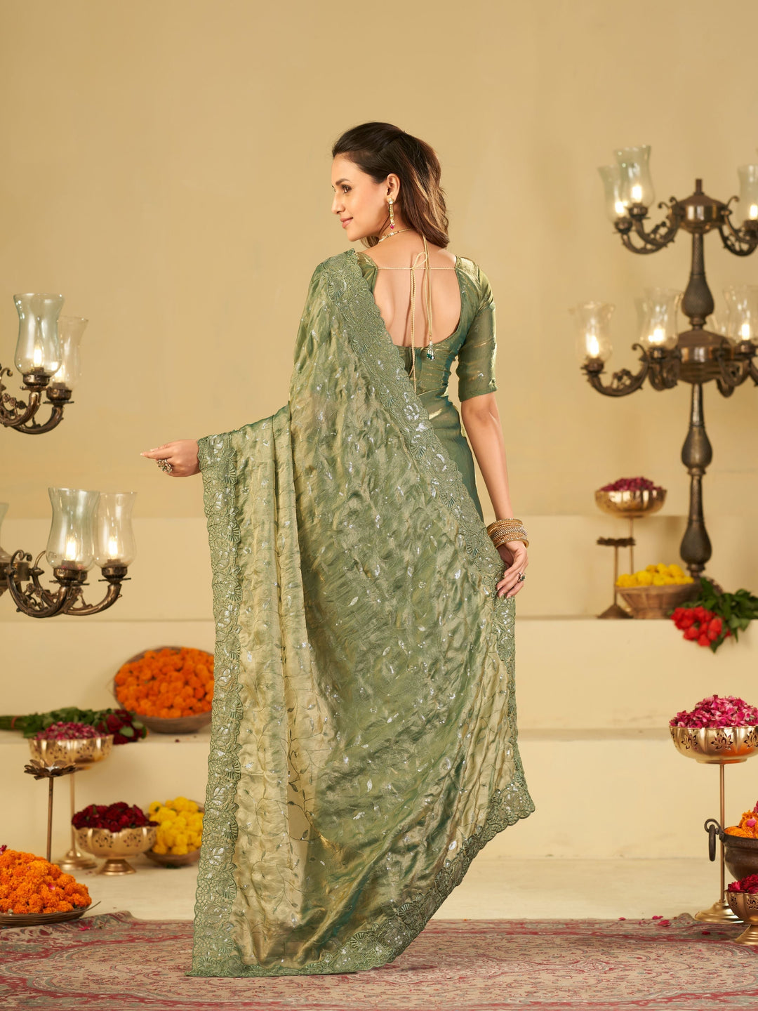 Sea Green Fendy Satin Saree with Heavy Embroidered Border | Designer Party Wear Embroidered Saree with Blouse