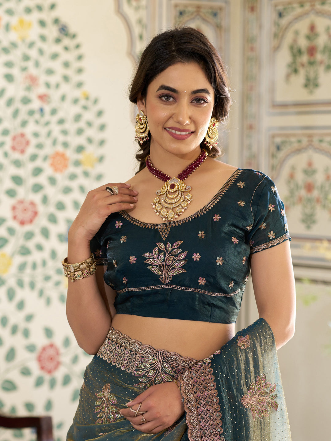 Deep Teal Green Fendy Satin Embroidered Saree with Floral Motifs & Rich Zari Border | Designer Party Wear Saree with Tassels & Heavy Embroidered Blouse