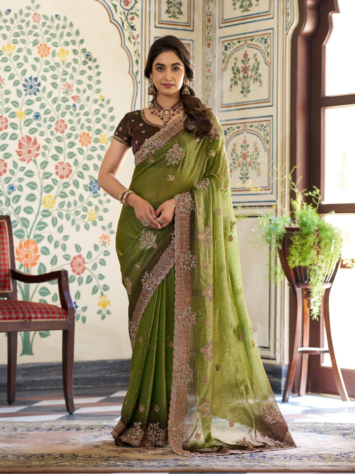 Olive Green Fendy Satin Embroidered Saree with Floral & Paisley Motifs | Designer Zari Border Saree with Tassels & Heavy Embroidered Blouse