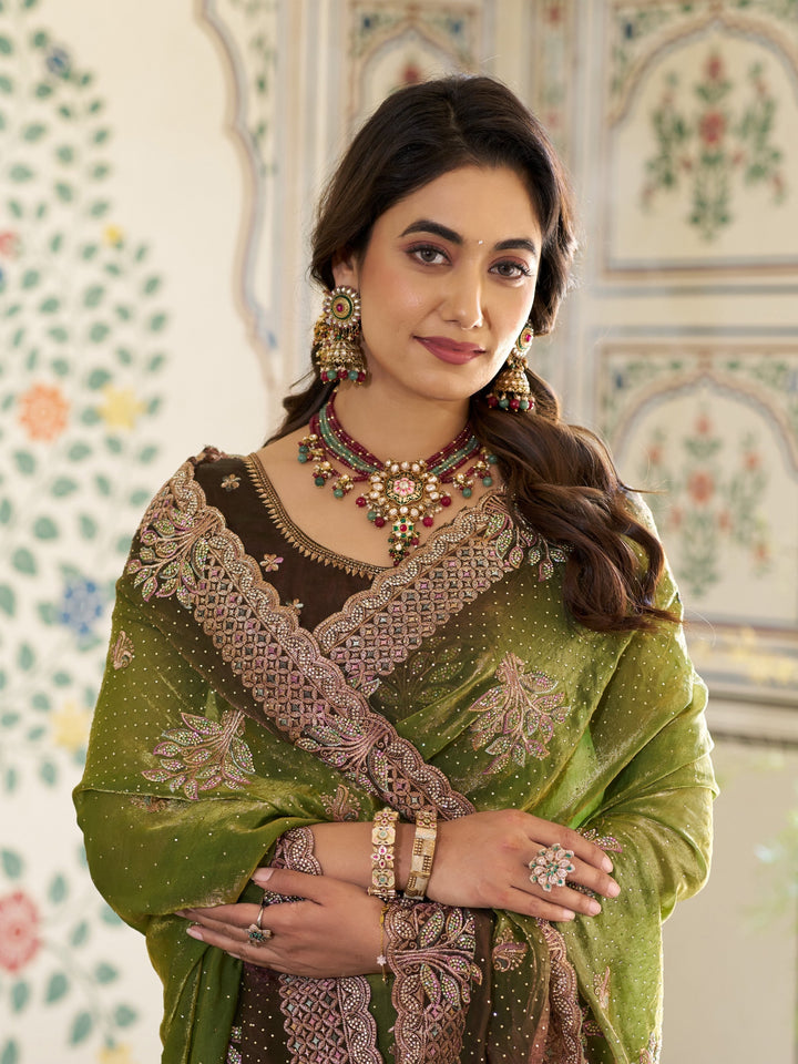 Olive Green Fendy Satin Embroidered Saree with Floral & Paisley Motifs | Designer Zari Border Saree with Tassels & Heavy Embroidered Blouse