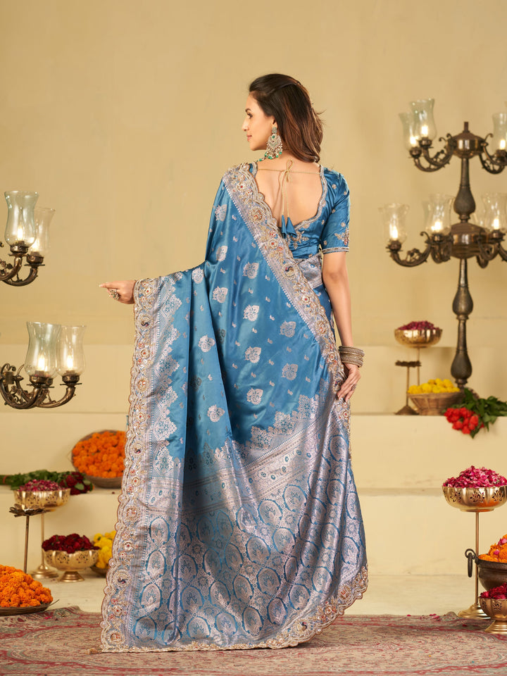Royal Blue Banarasi Silk Saree with Heavy Embroidered Scallop Border & Rich Zari Woven Pallu | Designer Wedding Festive Saree