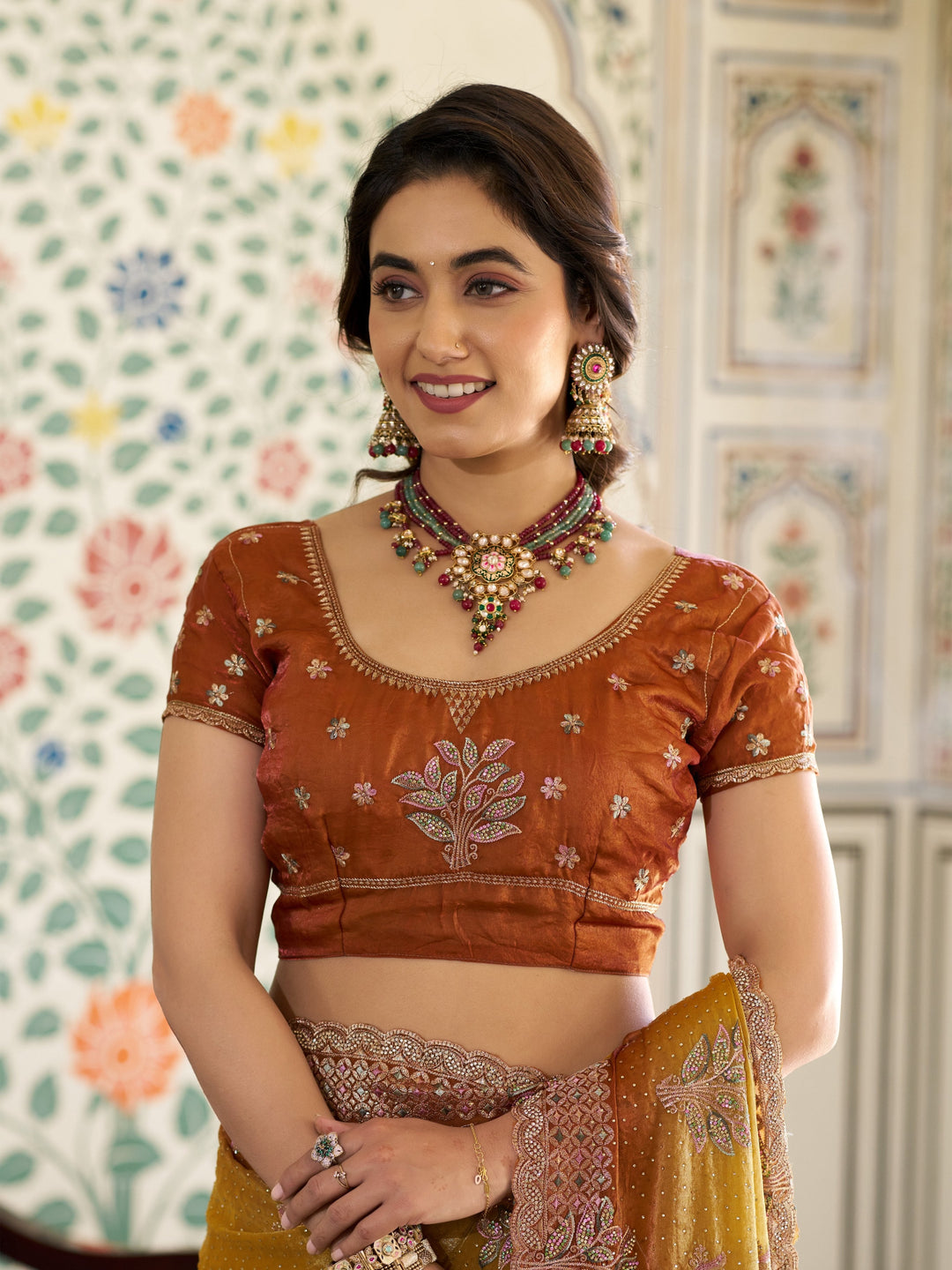 Dual Tone Mustard Yellow & Rust Fendy Satin Embroidered Saree with Floral Motifs & Zari Border | Designer Festive Saree with Tassels & Heavy Embroidered Blouse