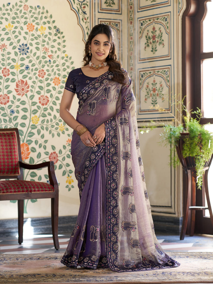 Lavender Purple Fendy Satin Embroidered Saree with Ethnic Elephant Motifs & Designer Zari Border | Festive Saree with Tassels & Heavy Embroidered Blouse