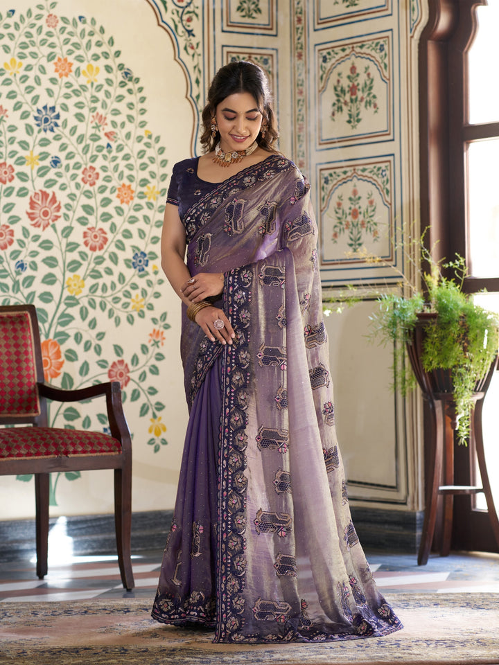 Lavender Purple Fendy Satin Embroidered Saree with Ethnic Elephant Motifs & Designer Zari Border | Festive Saree with Tassels & Heavy Embroidered Blouse