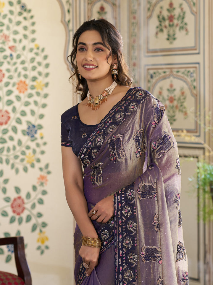 Lavender Purple Fendy Satin Embroidered Saree with Ethnic Elephant Motifs & Designer Zari Border | Festive Saree with Tassels & Heavy Embroidered Blouse
