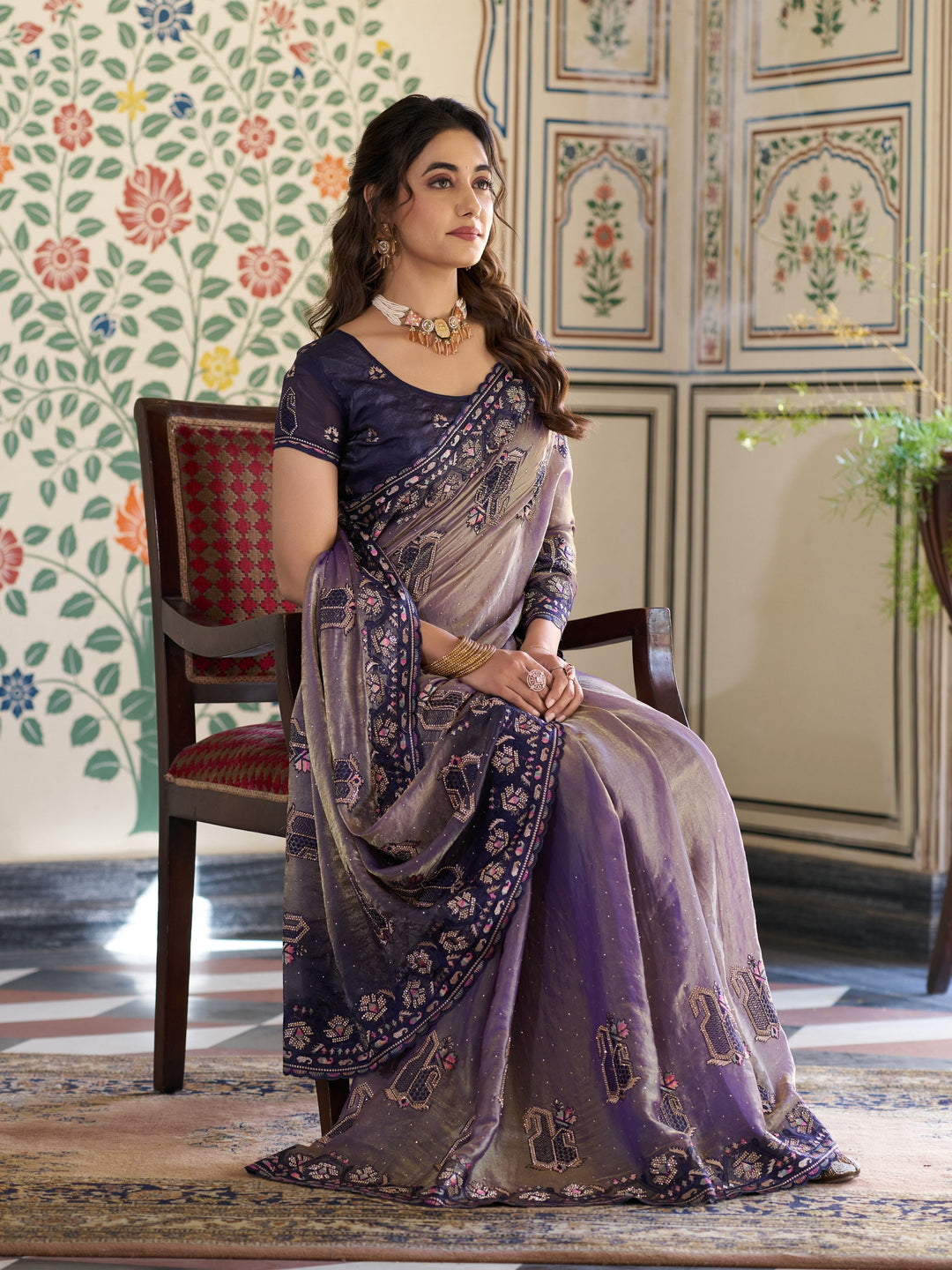 Lavender Purple Fendy Satin Embroidered Saree with Ethnic Elephant Motifs & Designer Zari Border | Festive Saree with Tassels & Heavy Embroidered Blouse