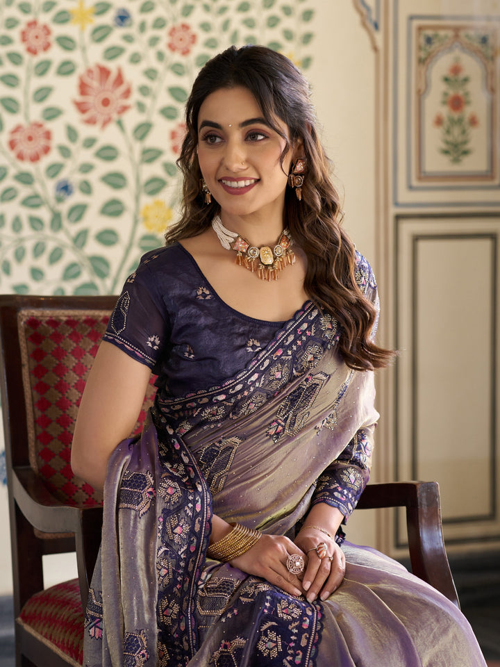 Lavender Purple Fendy Satin Embroidered Saree with Ethnic Elephant Motifs & Designer Zari Border | Festive Saree with Tassels & Heavy Embroidered Blouse