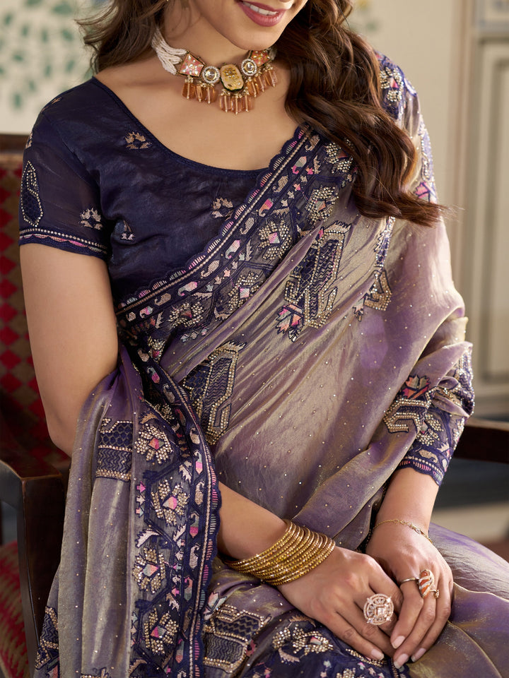 Lavender Purple Fendy Satin Embroidered Saree with Ethnic Elephant Motifs & Designer Zari Border | Festive Saree with Tassels & Heavy Embroidered Blouse
