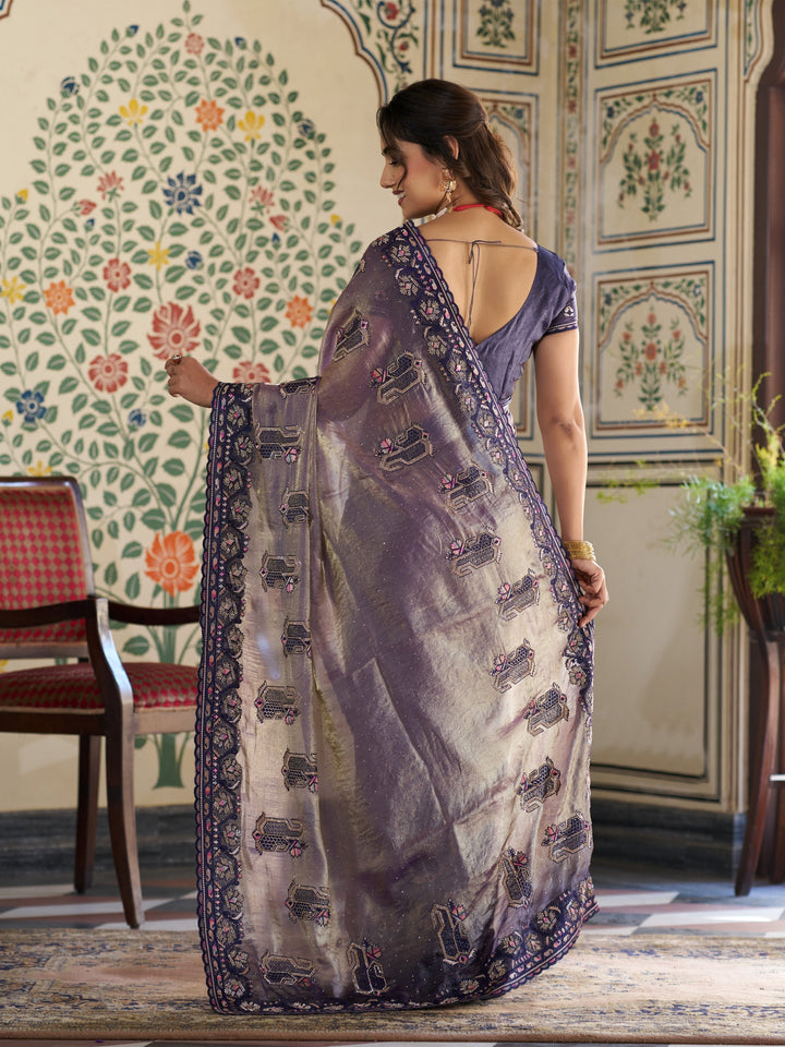 Lavender Purple Fendy Satin Embroidered Saree with Ethnic Elephant Motifs & Designer Zari Border | Festive Saree with Tassels & Heavy Embroidered Blouse