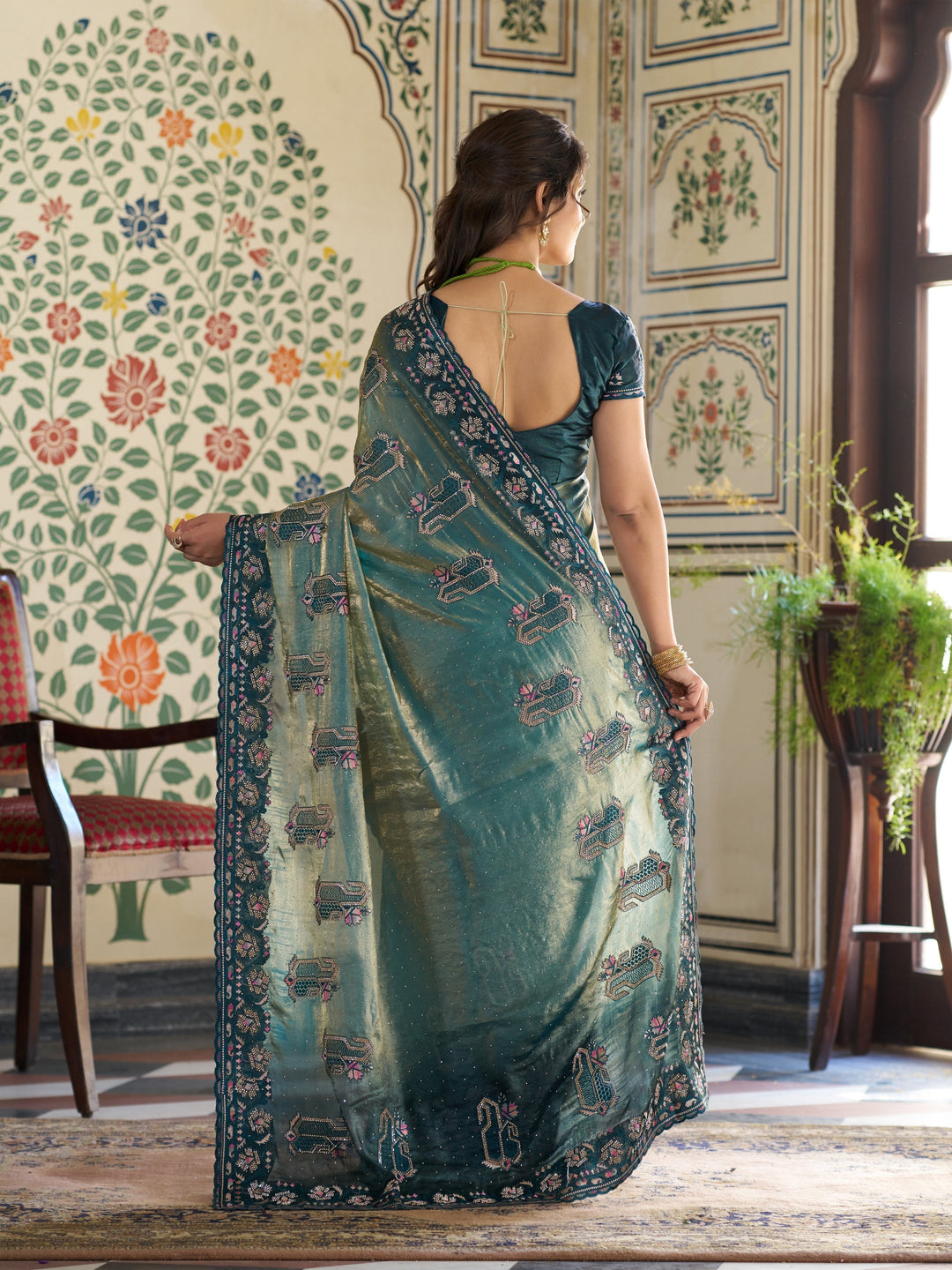 Teal Blue Fendy Satin Embroidered Saree with Ethnic Elephant Motifs & Zari Border | Designer Saree with Tassels & Heavy Embroidered Blouse