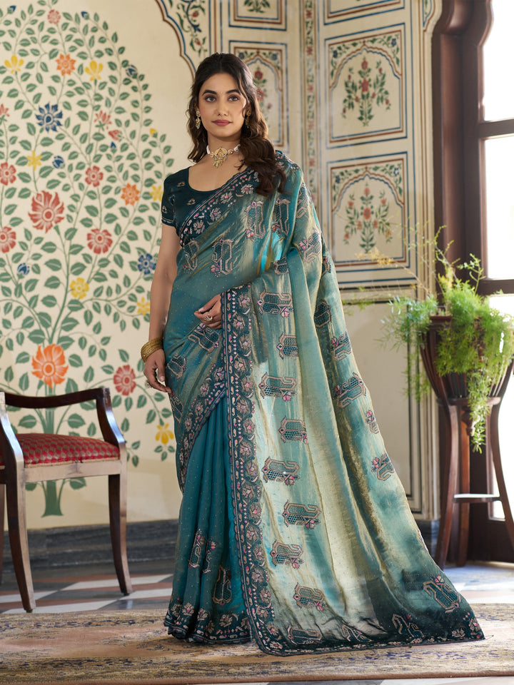 Teal Blue Fendy Satin Embroidered Saree with Ethnic Elephant Motifs & Zari Border | Designer Saree with Tassels & Heavy Embroidered Blouse