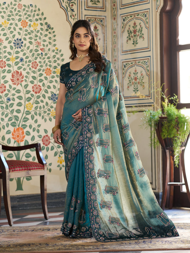 Teal Blue Fendy Satin Embroidered Saree with Ethnic Elephant Motifs & Zari Border | Designer Saree with Tassels & Heavy Embroidered Blouse