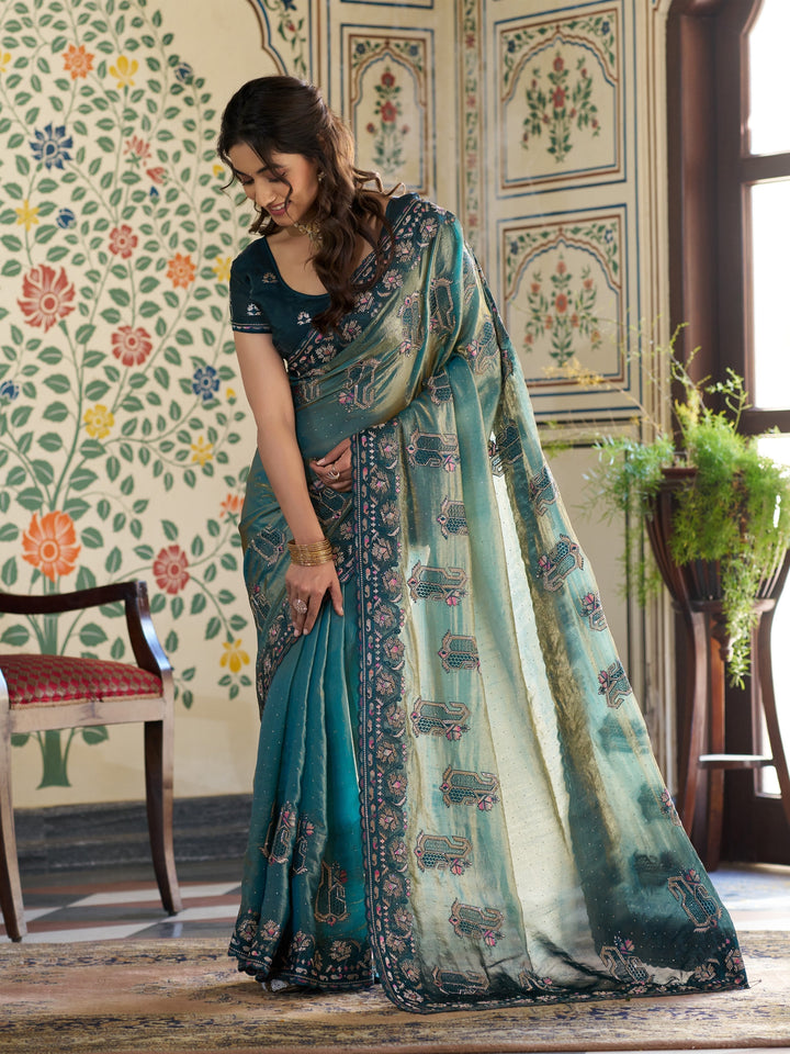 Teal Blue Fendy Satin Embroidered Saree with Ethnic Elephant Motifs & Zari Border | Designer Saree with Tassels & Heavy Embroidered Blouse