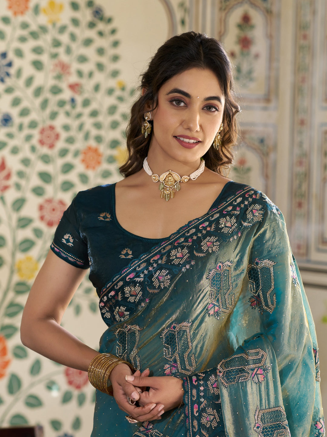 Teal Blue Fendy Satin Embroidered Saree with Ethnic Elephant Motifs & Zari Border | Designer Saree with Tassels & Heavy Embroidered Blouse