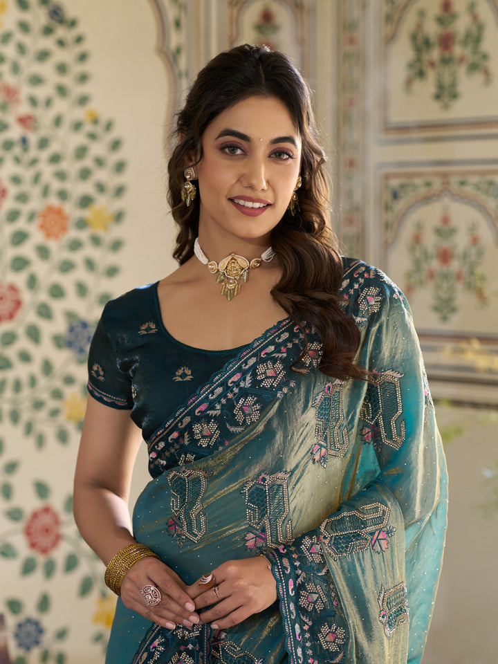 Teal Blue Fendy Satin Embroidered Saree with Ethnic Elephant Motifs & Zari Border | Designer Saree with Tassels & Heavy Embroidered Blouse