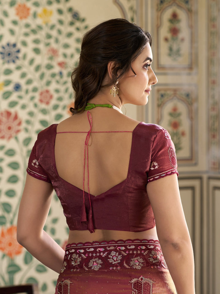 Wine Pink Fendy Satin Embroidered Saree with Ethnic Motifs & Zari Border | Designer Saree with Tassels & Heavy Embroidered Blouse
