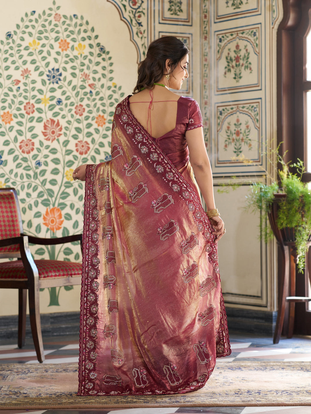 Wine Pink Fendy Satin Embroidered Saree with Ethnic Motifs & Zari Border | Designer Saree with Tassels & Heavy Embroidered Blouse