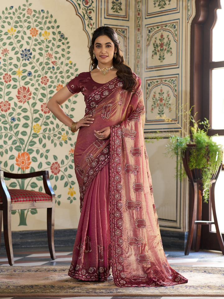 Wine Pink Fendy Satin Embroidered Saree with Ethnic Motifs & Zari Border | Designer Saree with Tassels & Heavy Embroidered Blouse