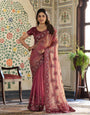Wine Pink Fendy Satin Embroidered Saree with Ethnic Motifs & Zari Border | Designer Saree with Tassels & Heavy Embroidered Blouse