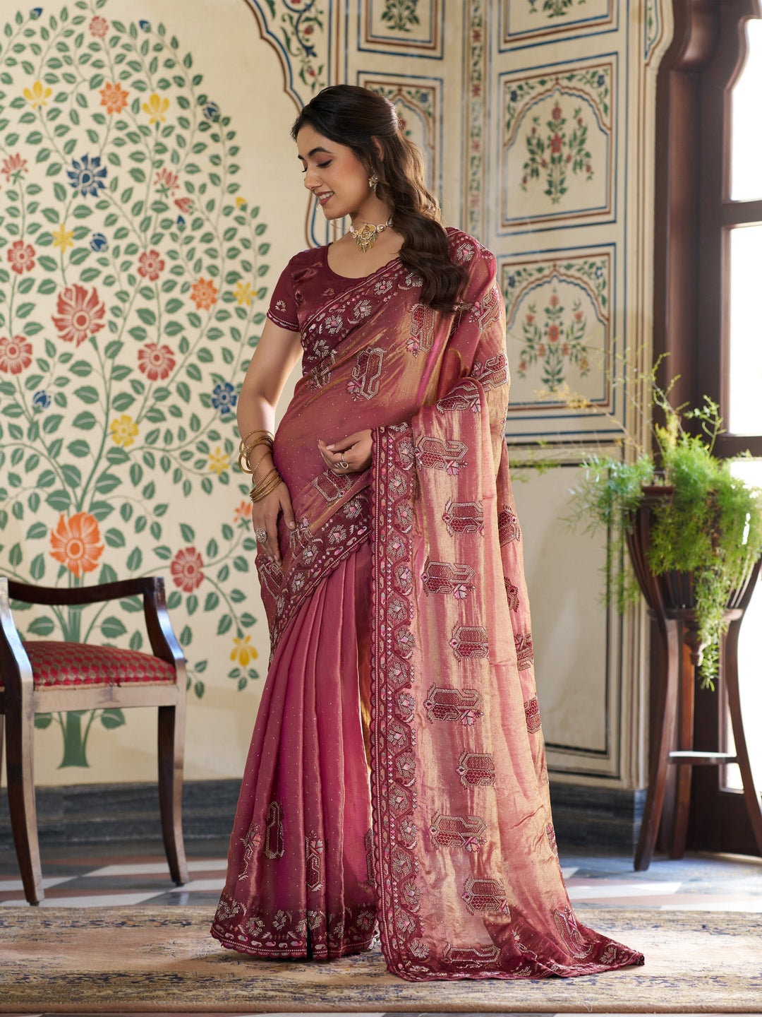 Wine Pink Fendy Satin Embroidered Saree with Ethnic Motifs & Zari Border | Designer Saree with Tassels & Heavy Embroidered Blouse