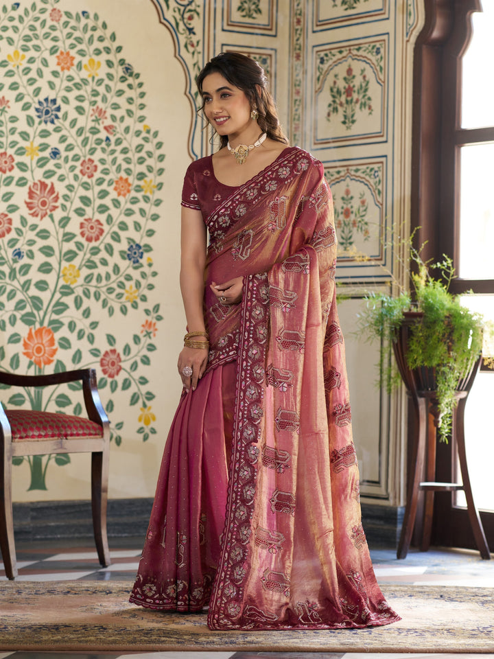 Wine Pink Fendy Satin Embroidered Saree with Ethnic Motifs & Zari Border | Designer Saree with Tassels & Heavy Embroidered Blouse