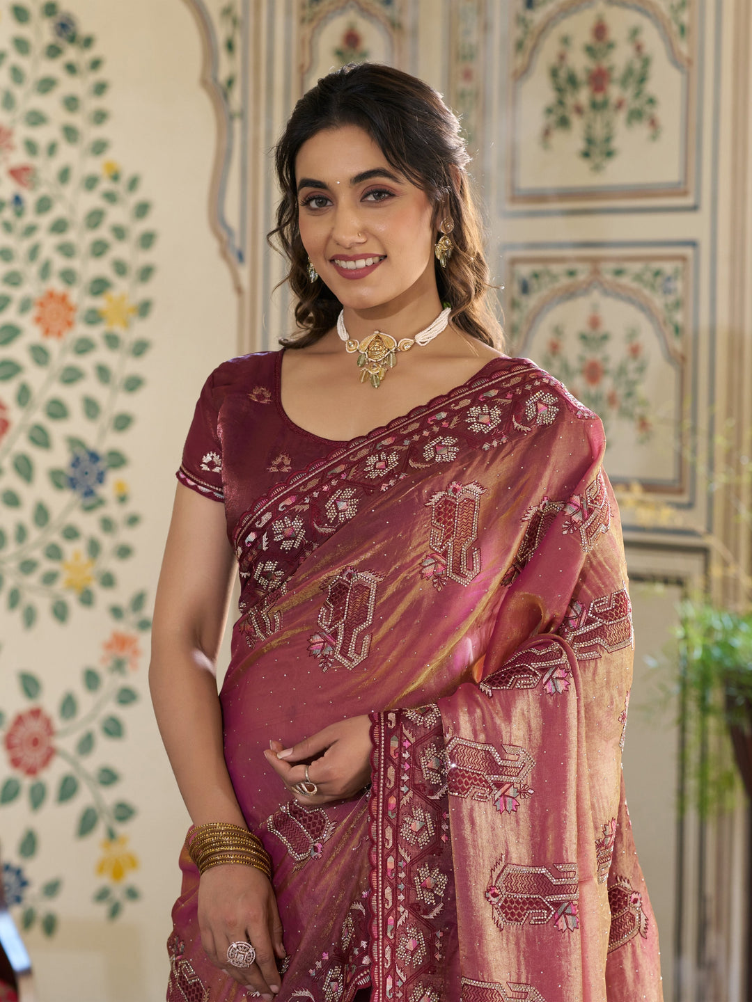 Wine Pink Fendy Satin Embroidered Saree with Ethnic Motifs & Zari Border | Designer Saree with Tassels & Heavy Embroidered Blouse