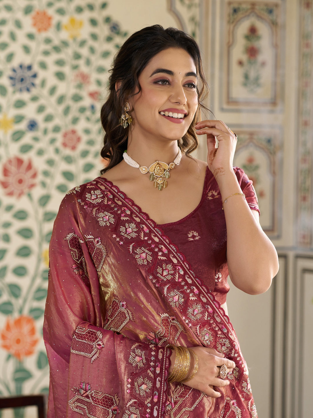 Wine Pink Fendy Satin Embroidered Saree with Ethnic Motifs & Zari Border | Designer Saree with Tassels & Heavy Embroidered Blouse