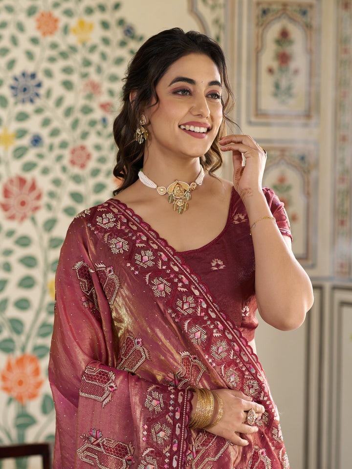 Wine Pink Fendy Satin Embroidered Saree with Ethnic Motifs & Zari Border | Designer Saree with Tassels & Heavy Embroidered Blouse