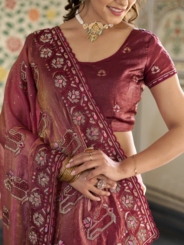 Wine Pink Fendy Satin Embroidered Saree with Ethnic Motifs & Zari Border | Designer Saree with Tassels & Heavy Embroidered Blouse